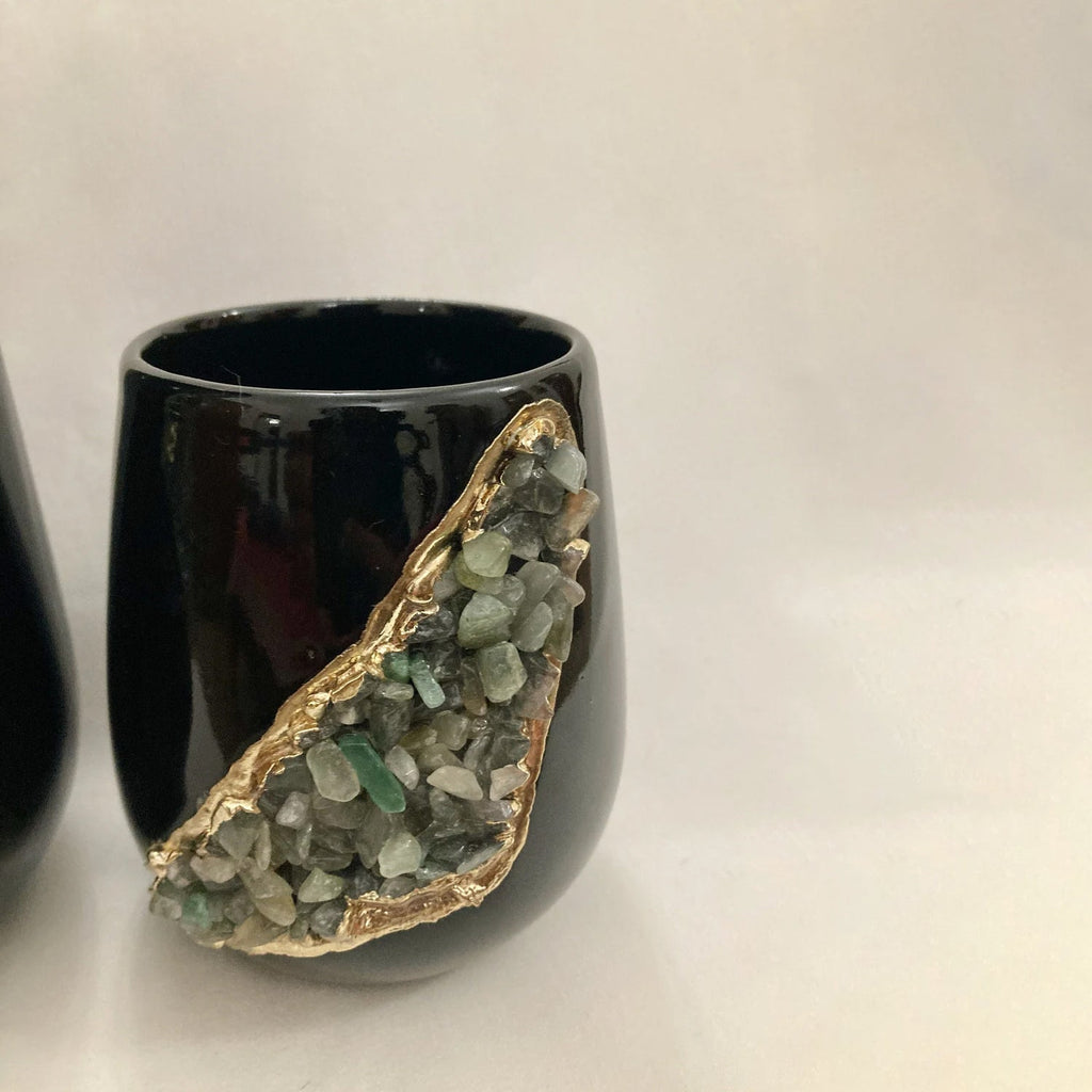 Kit 2 Vasos de Cerâmica Preta com Cristais de Ágata | Feitos à Mão