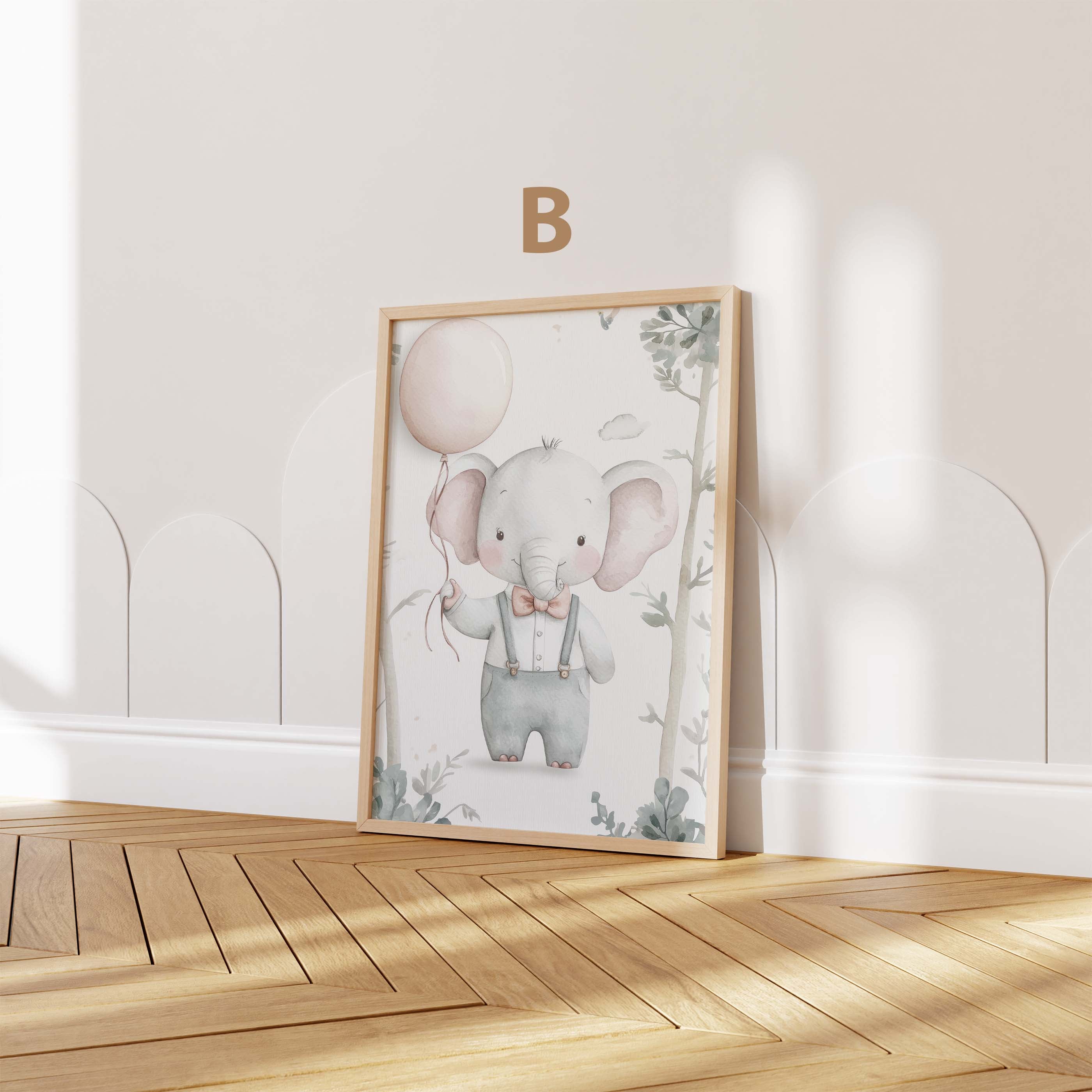 Niedliches Elefanten Kinderzimmer Poster · Aquarell Elefant mit Ballon · Babyzimmer Wanddeko · Pastell Tierillustration · Print ohne Rahmen