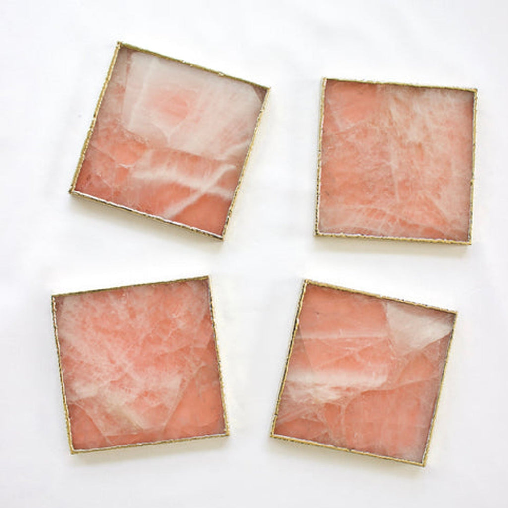 Porta-Copos de Ágata Quartzo Rosa | Kit 4 Peças Quadradas