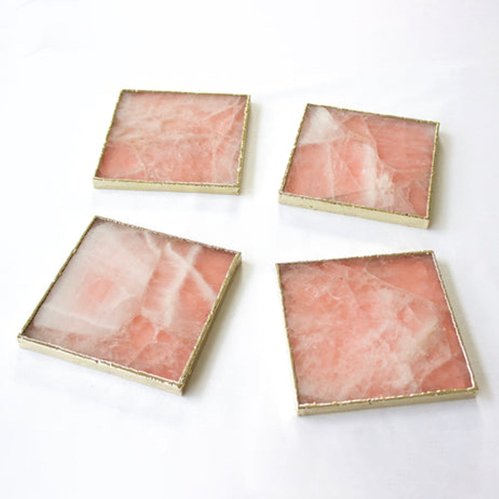Porta-Copos de Ágata Quartzo Rosa | Kit 4 Peças Quadradas