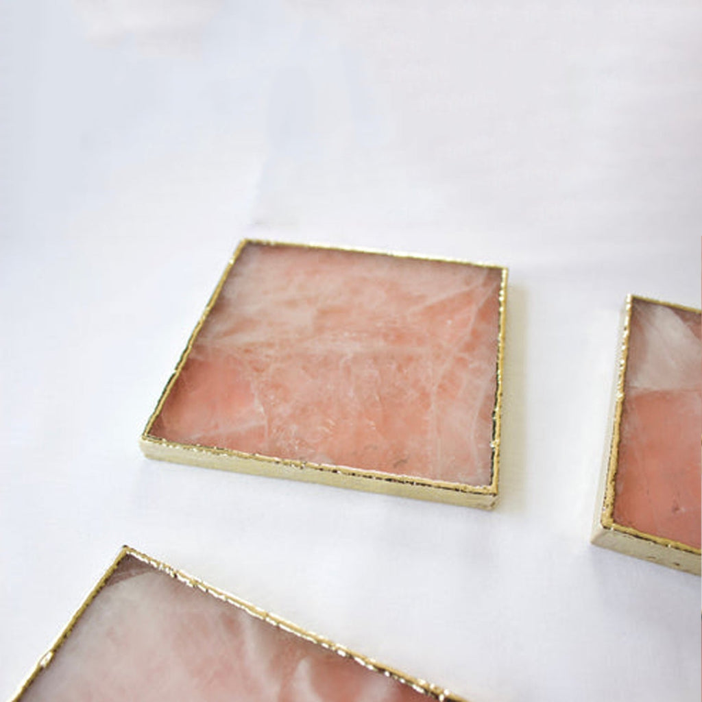 Porta-Copos de Ágata Quartzo Rosa | Kit 4 Peças Quadradas