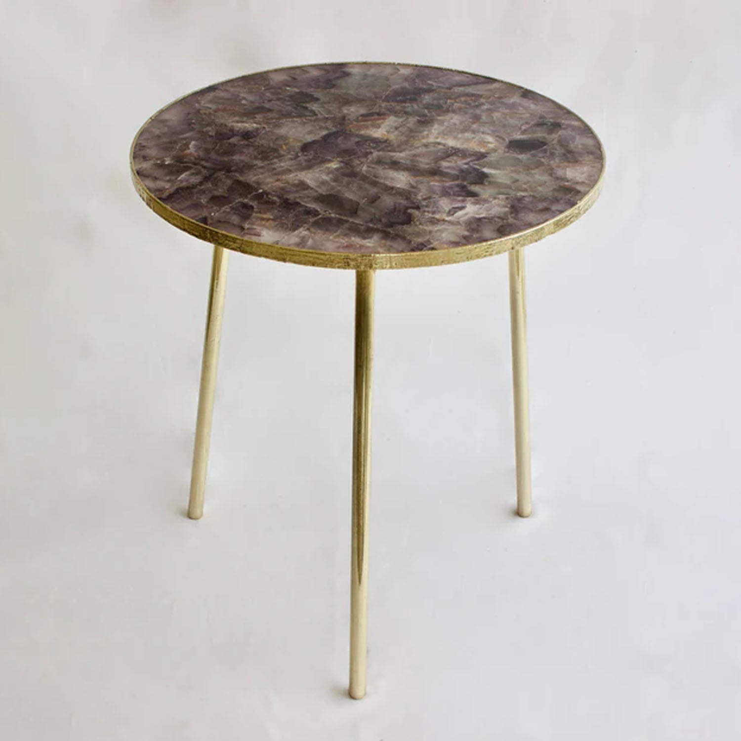 Mesa Lateral Redonda de Ágata Ametista | Artesanal com Base de Latão