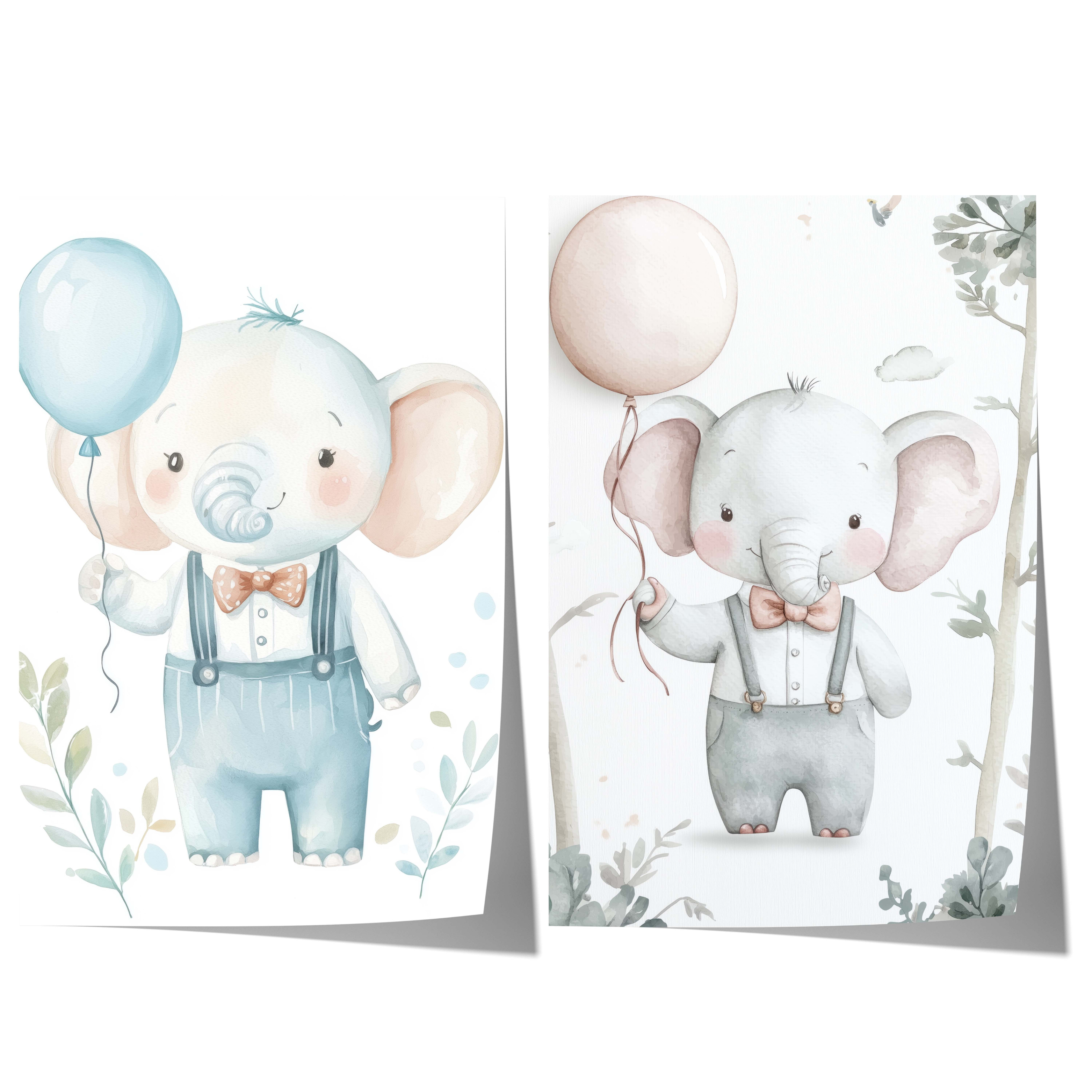 Niedliches Elefanten Kinderzimmer Poster · Aquarell Elefant mit Ballon · Babyzimmer Wanddeko · Pastell Tierillustration · Print ohne Rahmen
