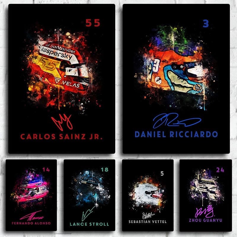 Poster Formel 1 Helm Aquarell Rennfahrer Name Unterschrift Rennnummer · Deko Print ohne Rahmen